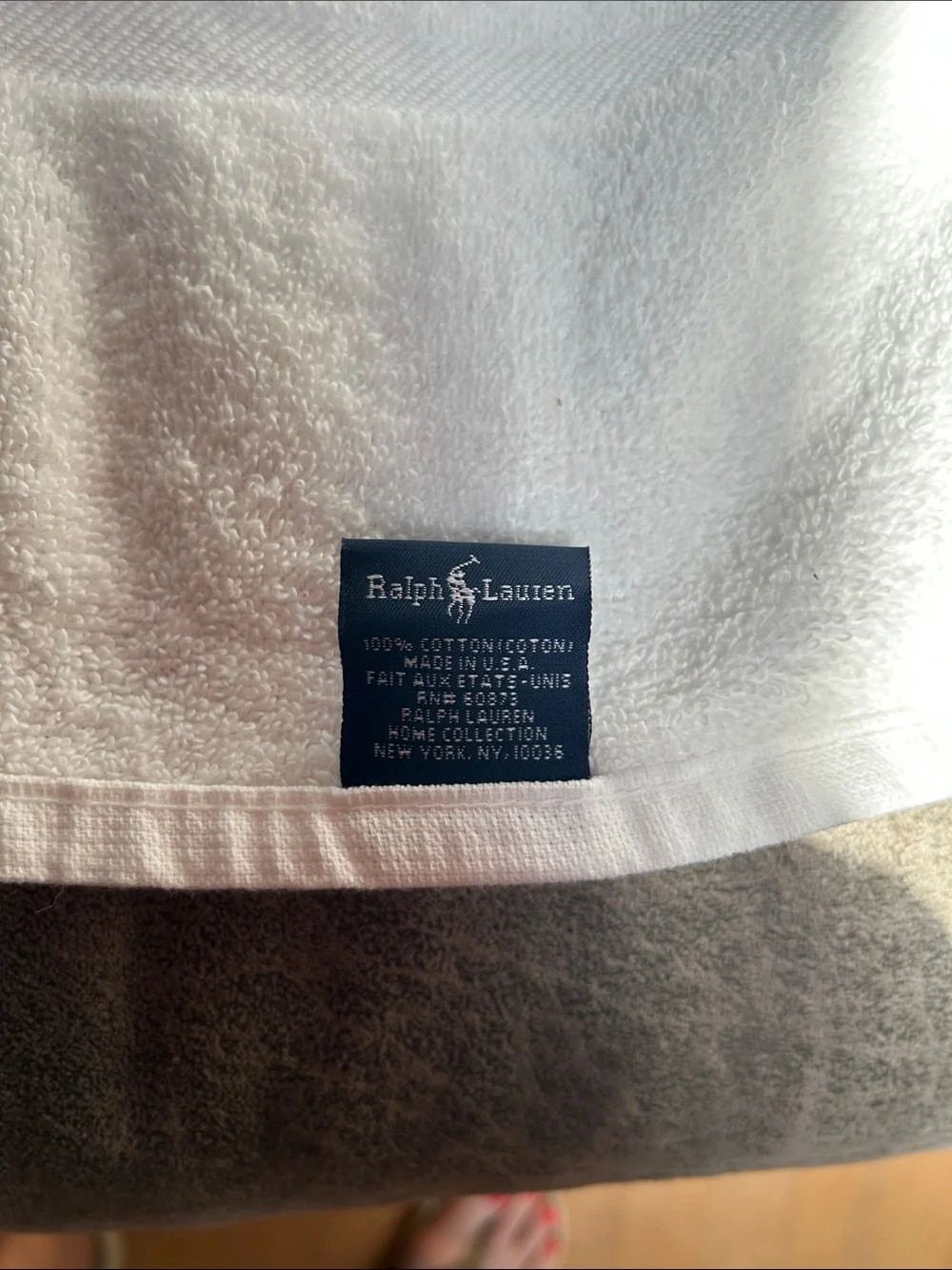 Ralph Lauren White Bath Towel with Green Polo Player and Navy Logo